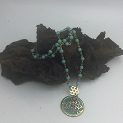 32” Rosary Link Chain with Turquoise colored beads with round Focal