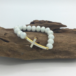 7 1/2” Handmade White Cross and bead stretch Bracelet