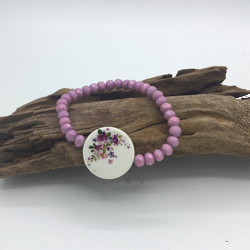 8” Handmade Lavender faceted bead with floral porcelain focal stretch bracelet