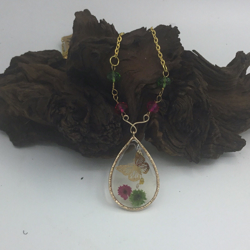 21’Gold chain with Green and Pink Crystals and Resin Teardrop focal with butterfly-