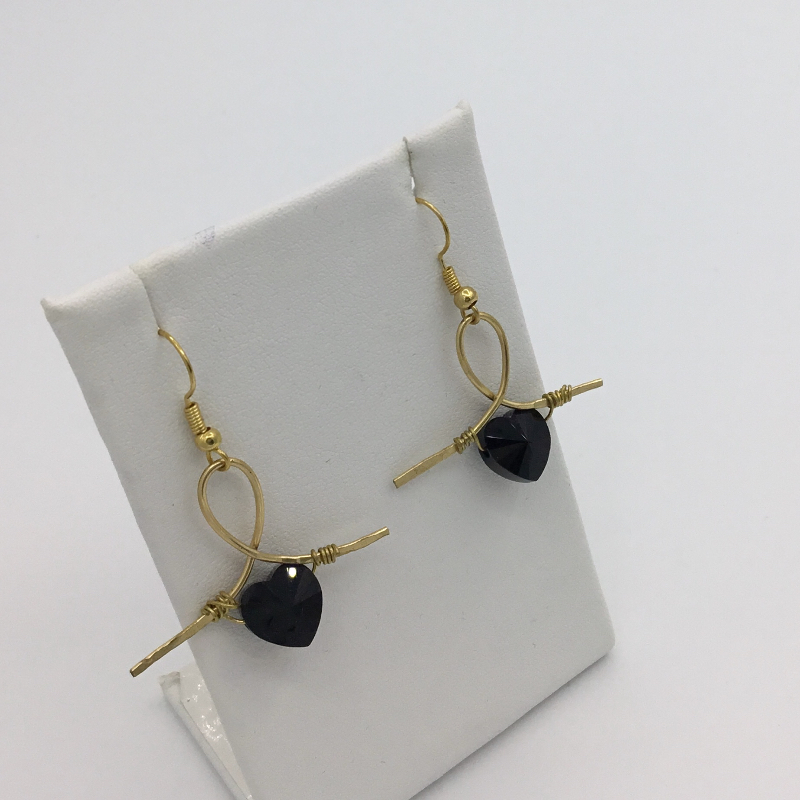 2” Handmade Gold Earrings with Black Swarovski Crystal