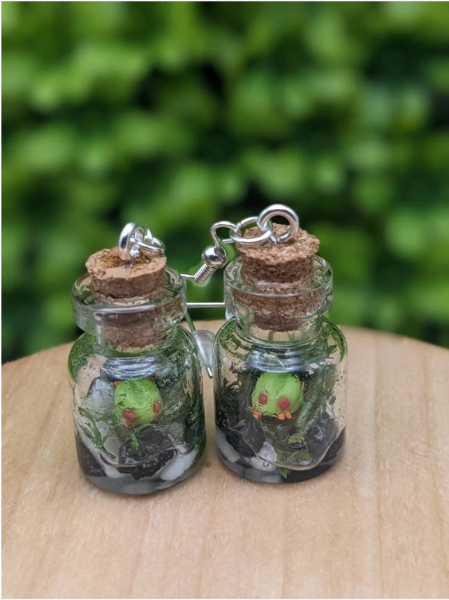 Red Eyed Tree Frog Moss Terrarium Bottle Earrings