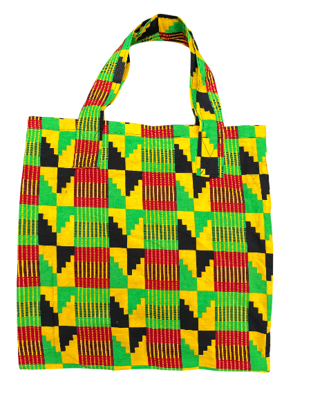Authentic Ghanaian Kente Print Tote Bag | 17x17 Eco-Friendly Cotton Shoulder Bag