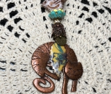 copper cat, yellow floral leaf, white bird necklace pendant