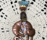 copper cat, pink leaf, blue bird necklace pendant