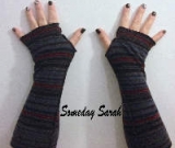 Black, Red and Navy Stripes Recycled Wool Arm Warmers Fingerless gloves